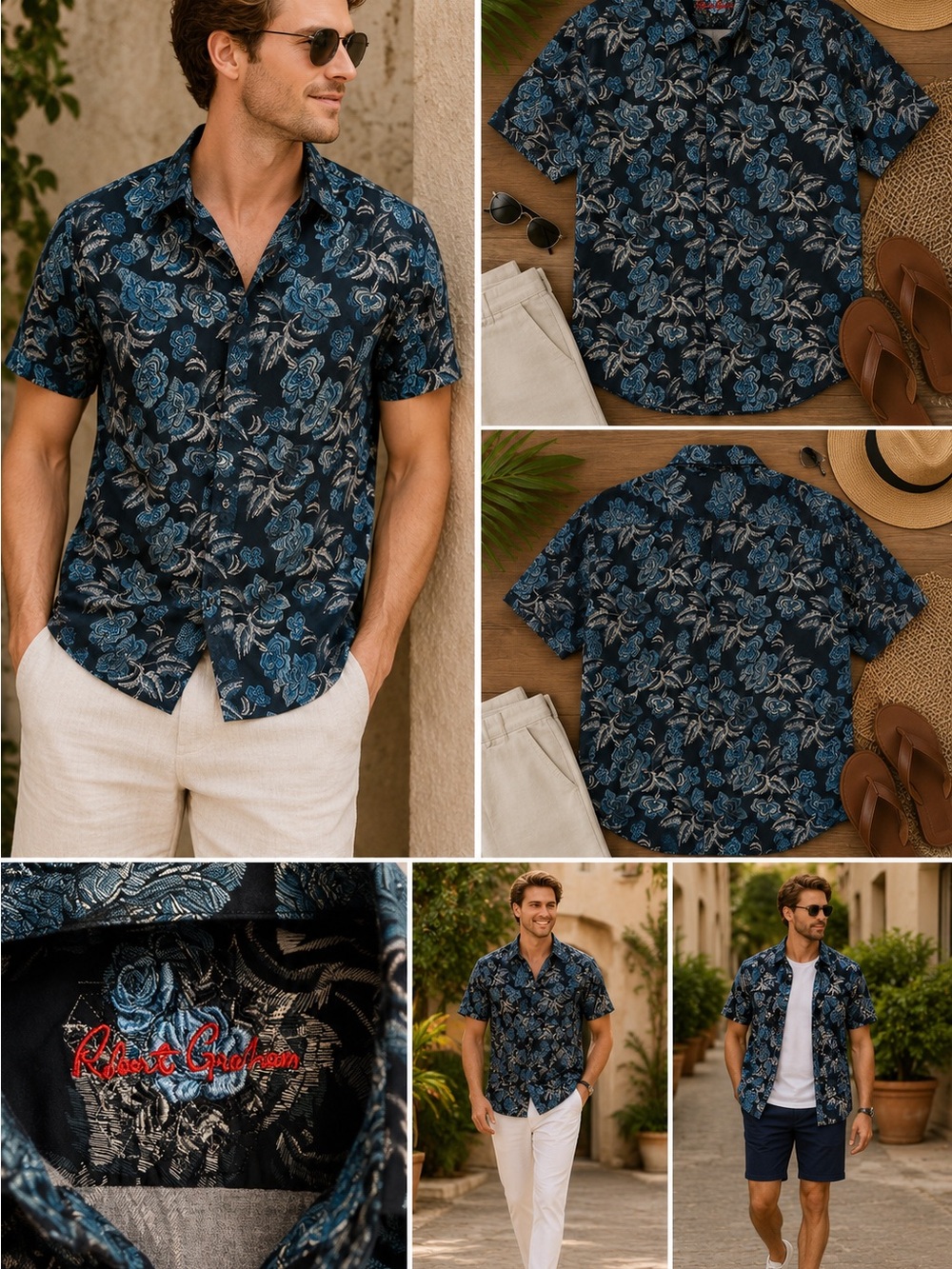 Robert Graham Navy and Blue Floral Short-Sleeve Button-Down Shirt
